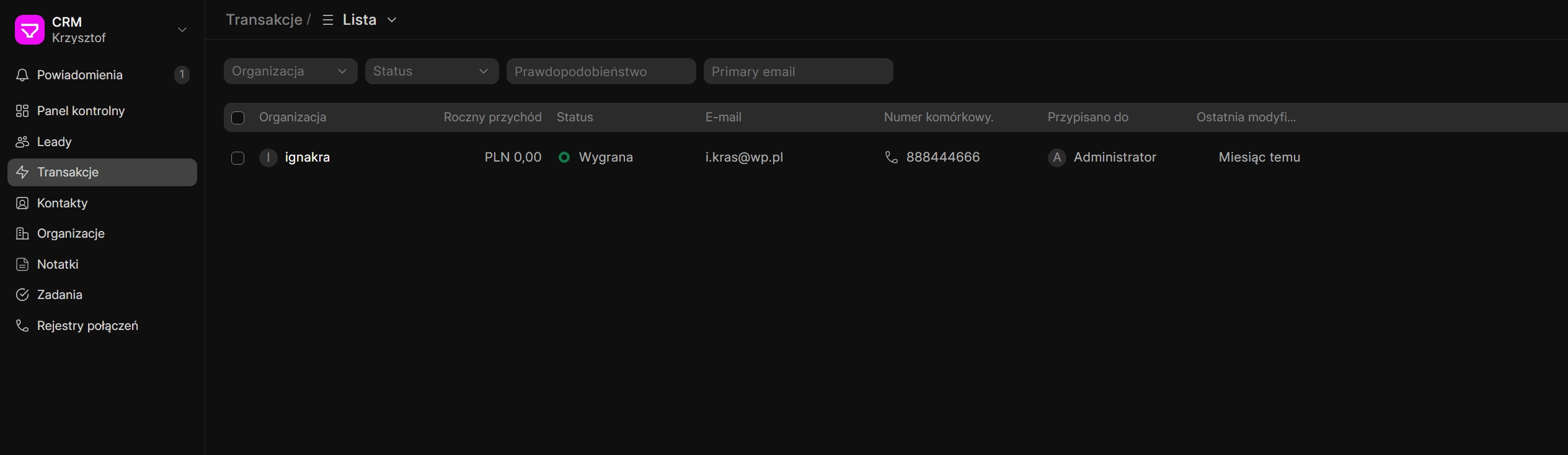 Frappe CRM - lista transakcji